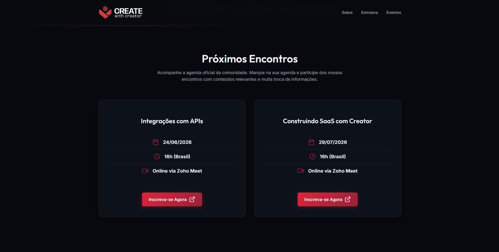 Seção de encontros da comunidade Create